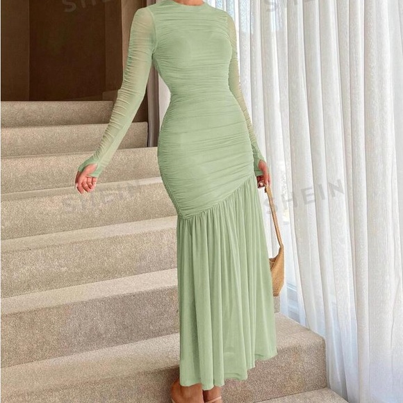 SHEIN Aloruh Patchwork Mesh & Pleated Waist Cinched Dress - Picture 2 of 5